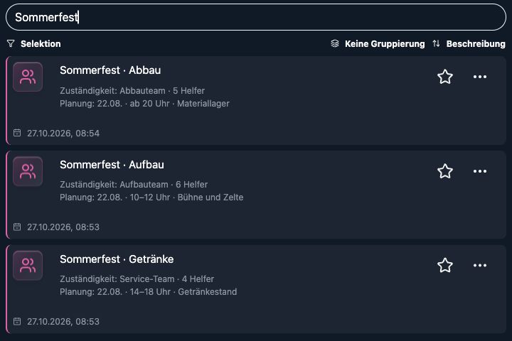 Echte 4tbase-App: Vereinsfest als gefilterte Liste mit mehreren Demo-Einträgen.