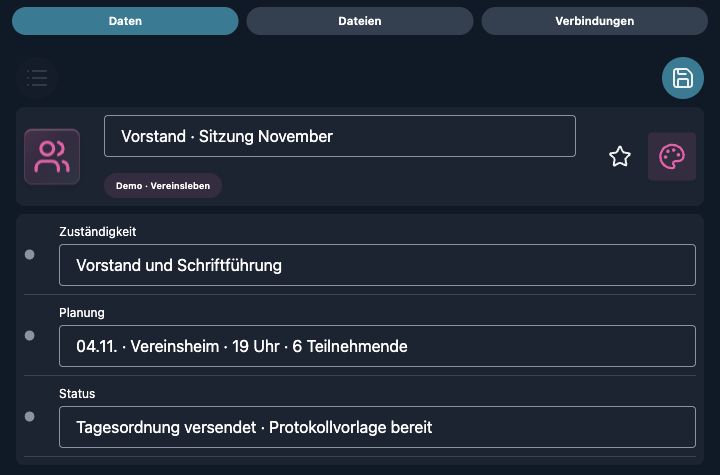 Echte 4tbase-App: Vorstand als Bearbeitungsformular mit fiktiven Demodaten.