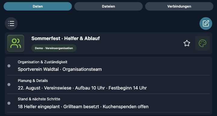 Echte 4tbase-App-Aufnahme mit fiktiven Vereins-Demodaten: Sommerfest mit Helferplanung und Ablauf.