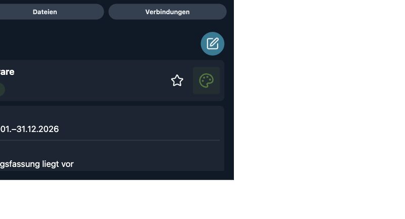 Echte App-Aufnahme mit fiktiven Demo-Daten: Ein Softwarevertrag mit Laufzeit und Termin zur Prüfung der Originalunterlagen.