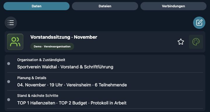 Echte 4tbase-App-Aufnahme mit fiktiven Vereins-Demodaten: Vorstandssitzung mit Tagesordnung.