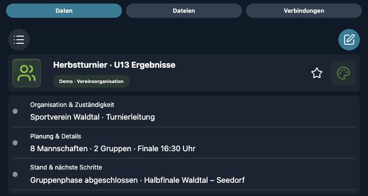 Echte 4tbase-App-Aufnahme mit fiktiven Vereins-Demodaten: Jugendturnier mit Ergebnisstand.